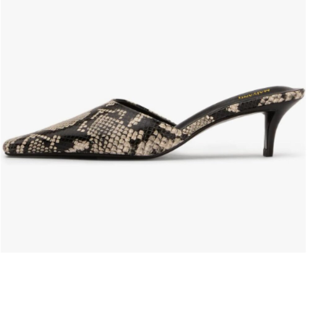 Maiyang Black Snakeskin Square Toe Slip on Mules Low Kitten Heel Backless Sandal